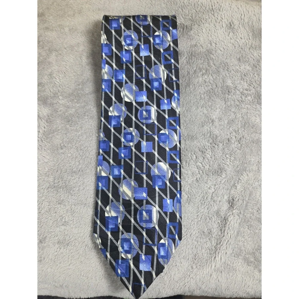 Pavone‎ Men's Neck Tie Blue Black Geometric Made In Italy Silk 3.75/60